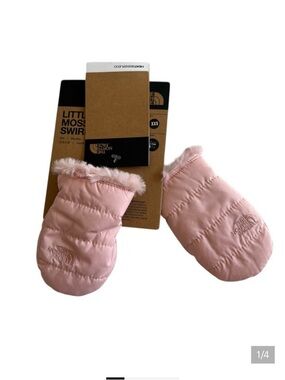 NWT The North Face Kids Pink Puffy Mittens with Faux-Fur Trim